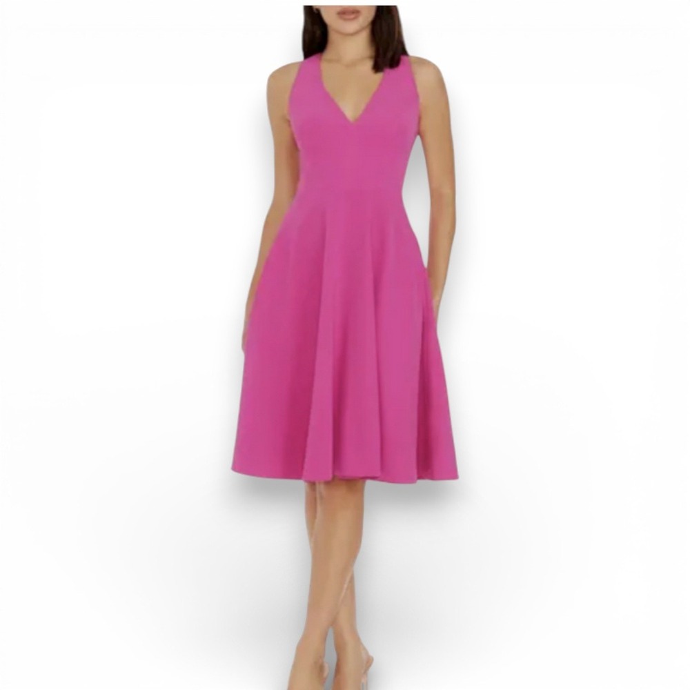 Dress the Population Catalina V Neck Fit and Flair Dress XL Bright Fuschia Party